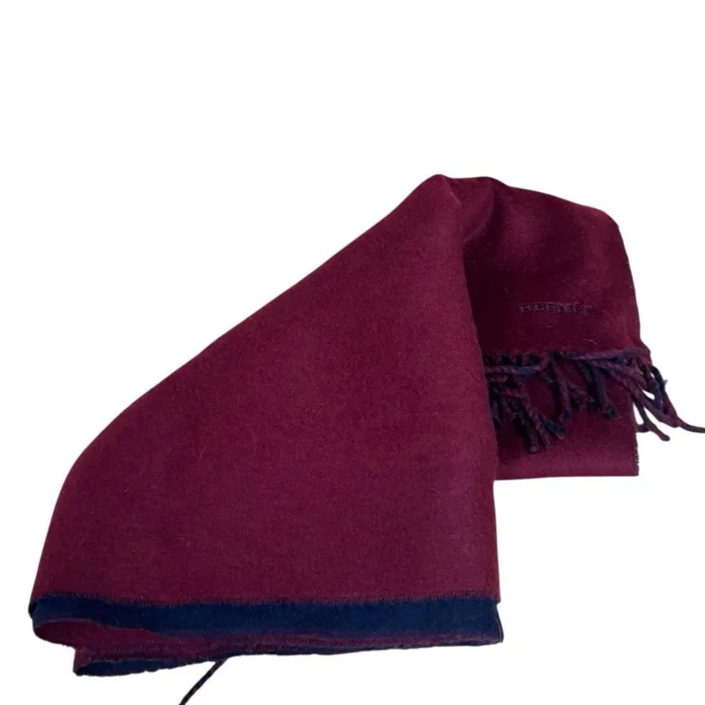 Hermes Bordeaux & Navy Blue 100% Cashmere Kasak Fringed Shawl Wrap Scarf Auth